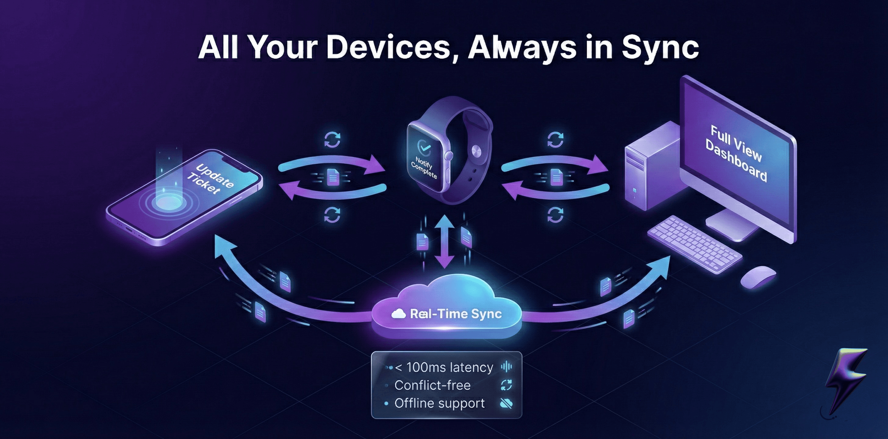 All your devices always in sync: smartwatch, mobile, and desktop with real-time cloud sync